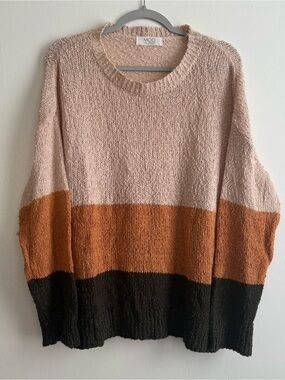 MOD ON TREND Beige Orange Green Colorblock Crew Neck Knit Pullover Sweater L